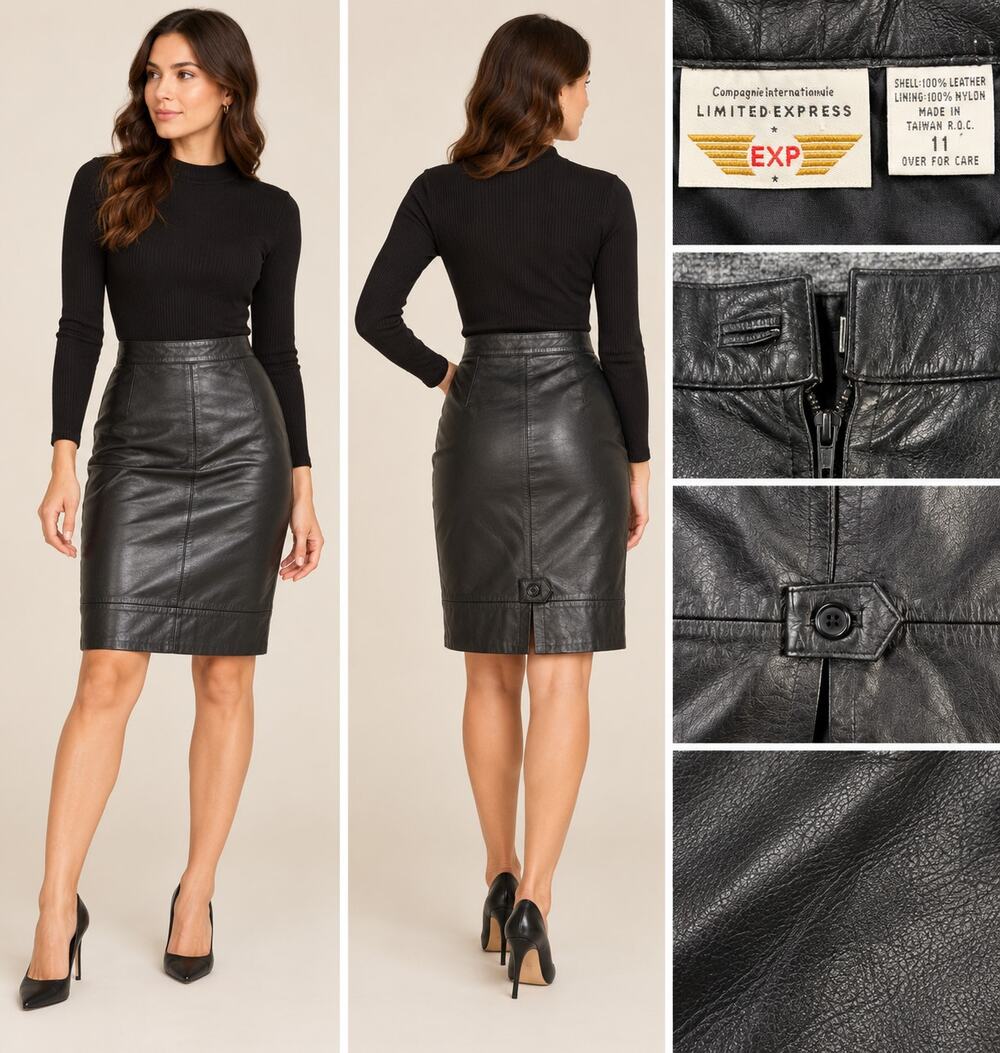 Vintage Limited Express Leather Skirt 11 Black Pencil High Waist 90s Taiwan